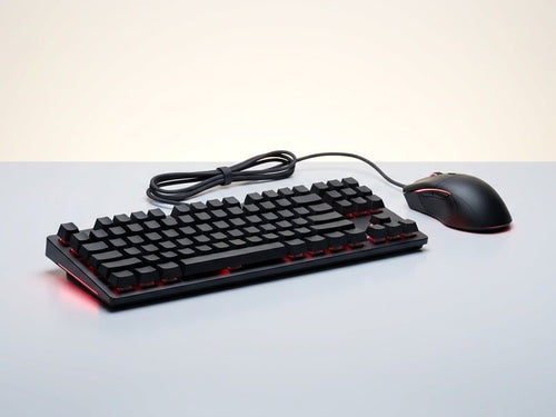 Combo teclado mecánico y mouse gamer RGB, fondo de vitrina