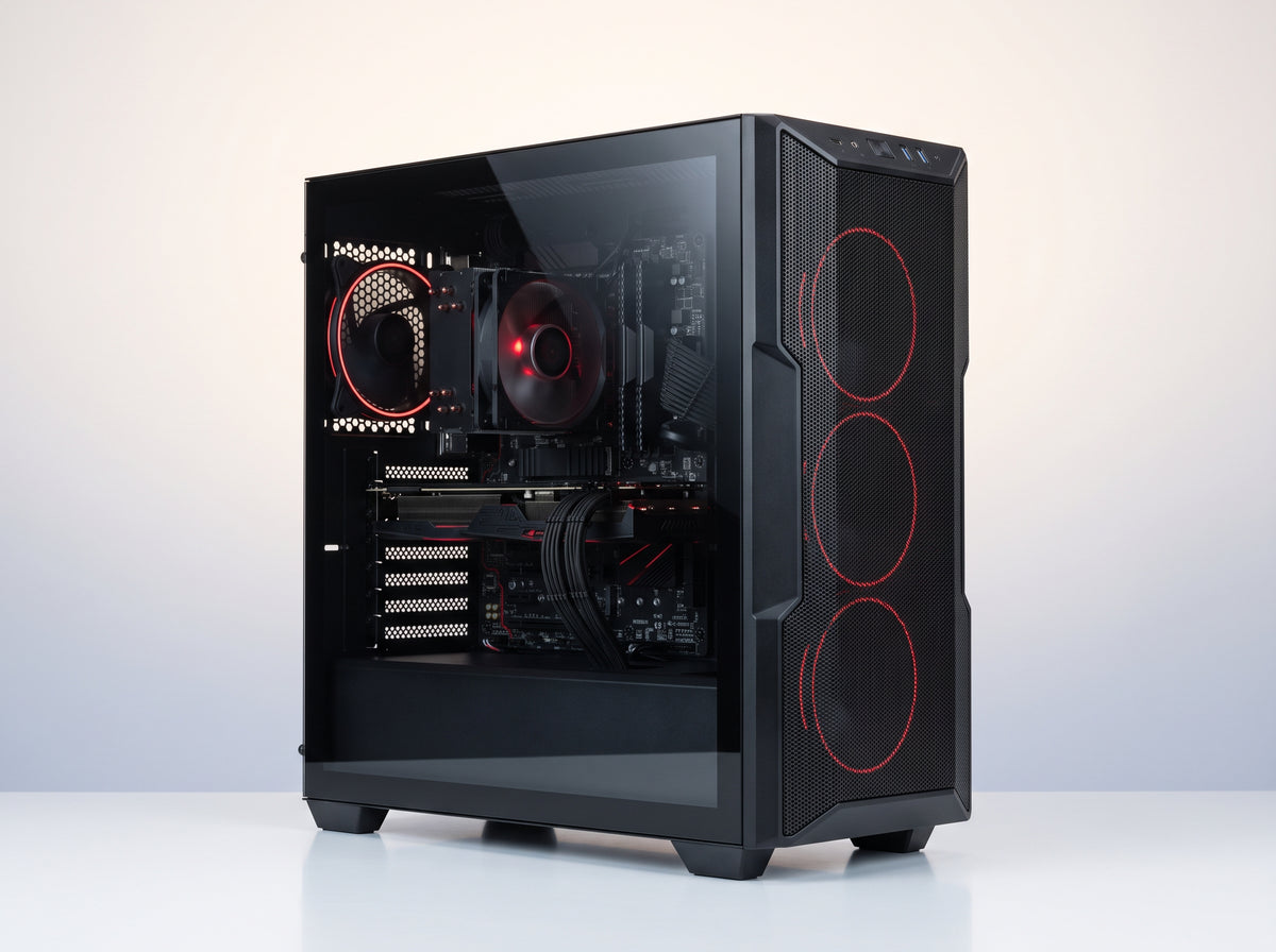 Torre AMD Ryzen 5 Gaming con monitor, fondo de vitrina