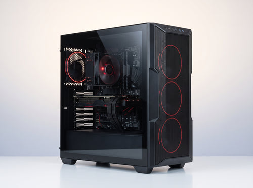 Torre AMD Ryzen 5 Gaming con monitor, fondo de vitrina